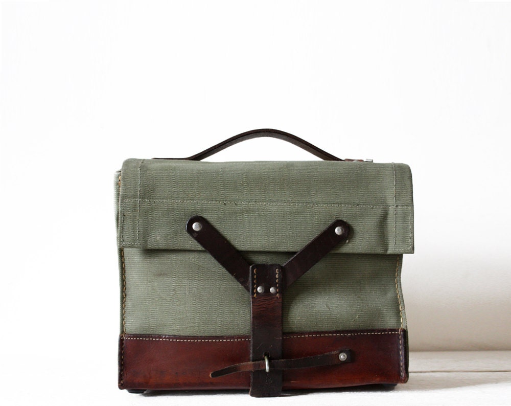 AMAZING old Canvas and leather little SWISS Briefcase bag  HANDBAG- Shabby Chic -