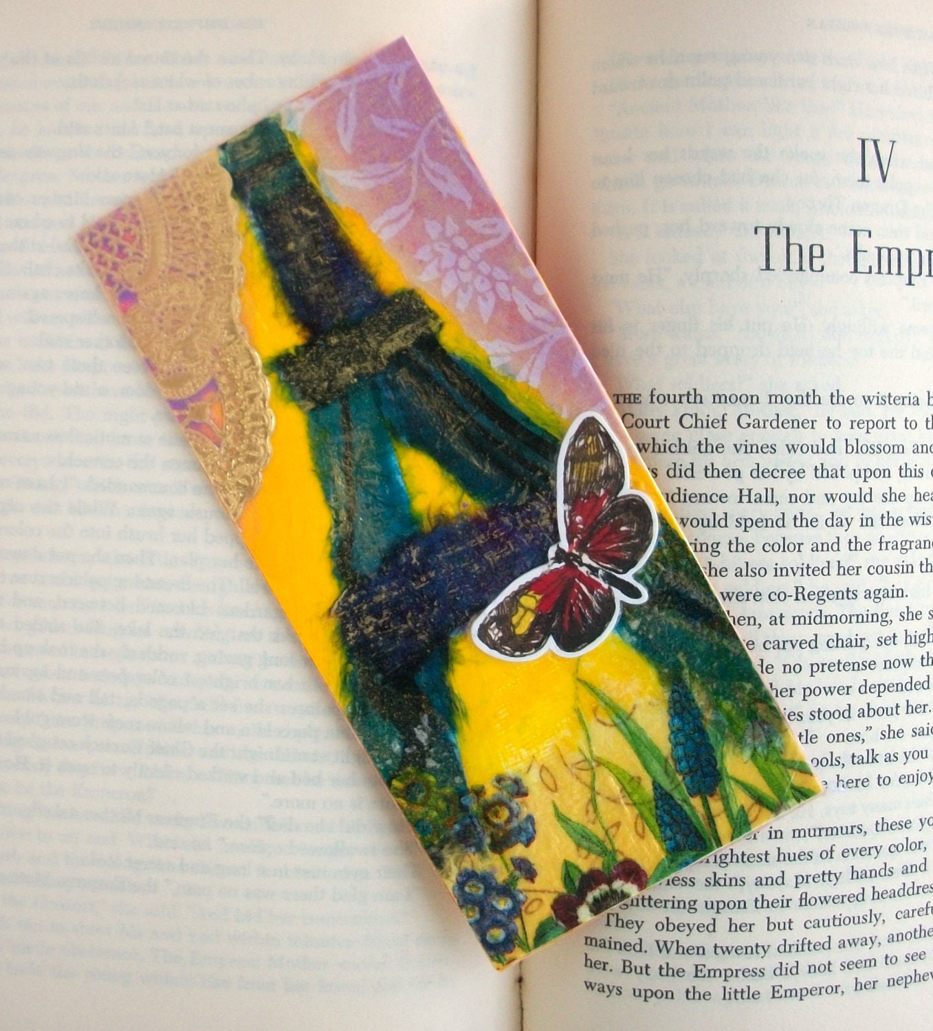 Original Collage BookMark, Eiffel Tower, mixed media, Butterfly, one of a kind, Paris