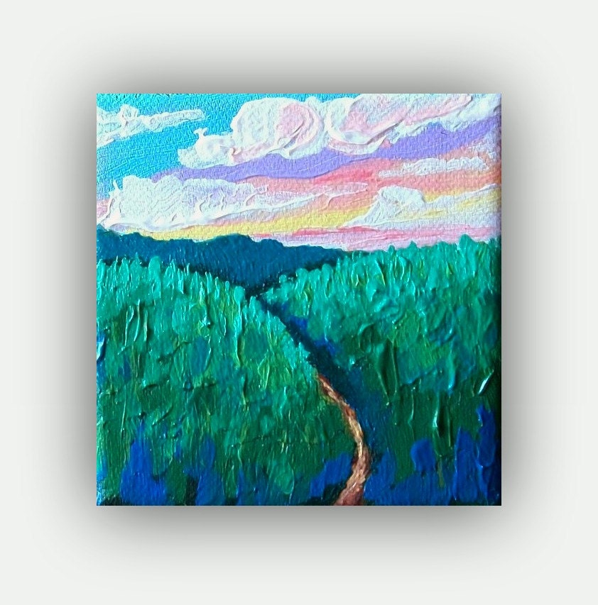 Original Painting Landscape,Expressionist, miniature 4x4 painting w Easel, home decor