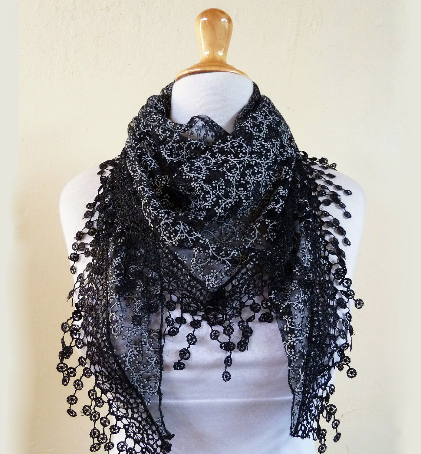 Womens scarf "Lilith" in BLACK with floral pattern and rich lace edge - scarflette shawl neckwarmer - Spring / Summer