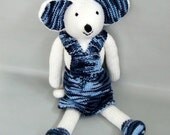 White Rat Mouse Doll- Knitted Animal Toy- Knit Plush Girl Mouse- Girls Soft Toy- Softie- Decorative Doll- Whimsical- White and Blue