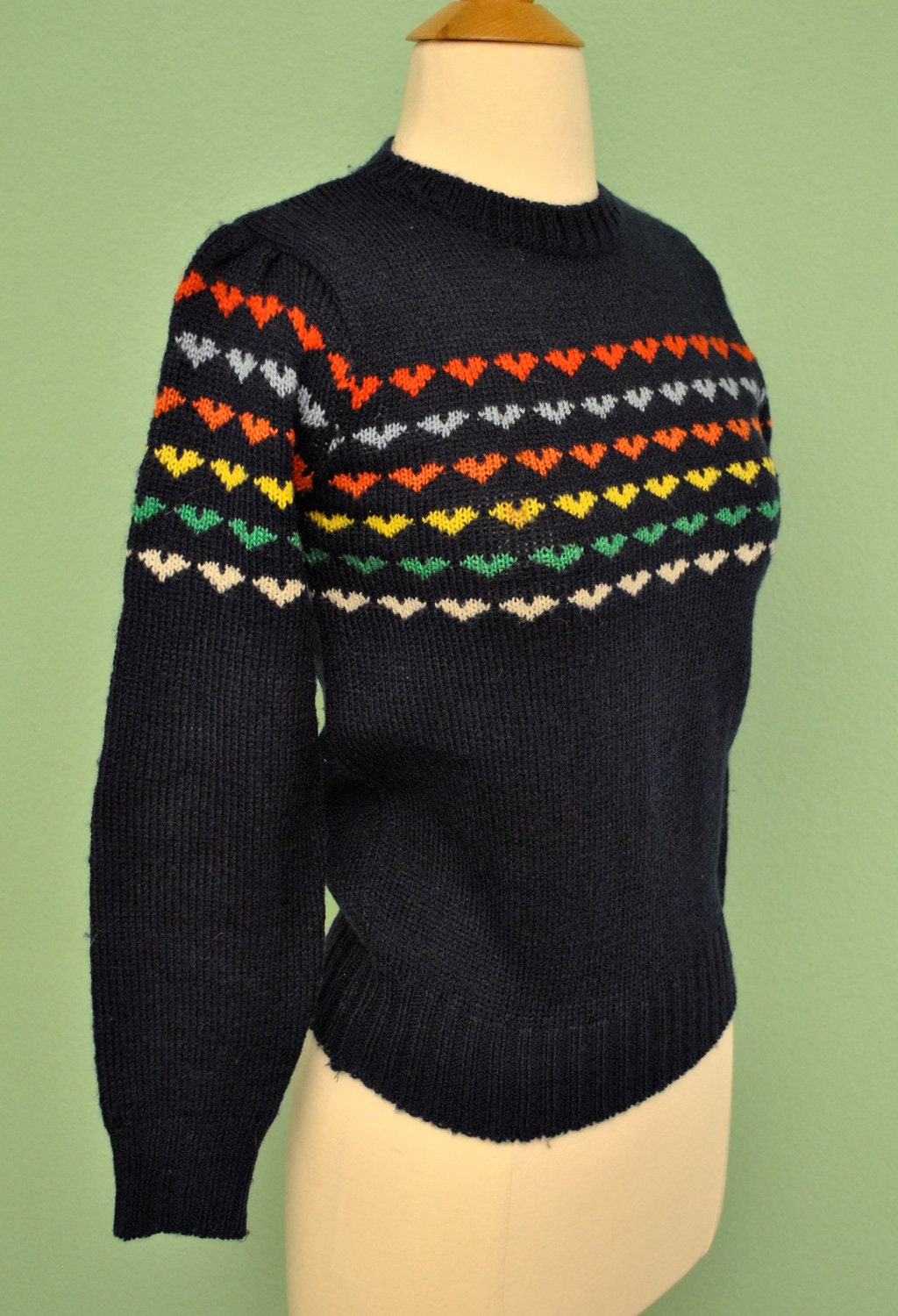 Vintage Rainbow Christmas Sweater with Stripes of Hearts 1980s Knit