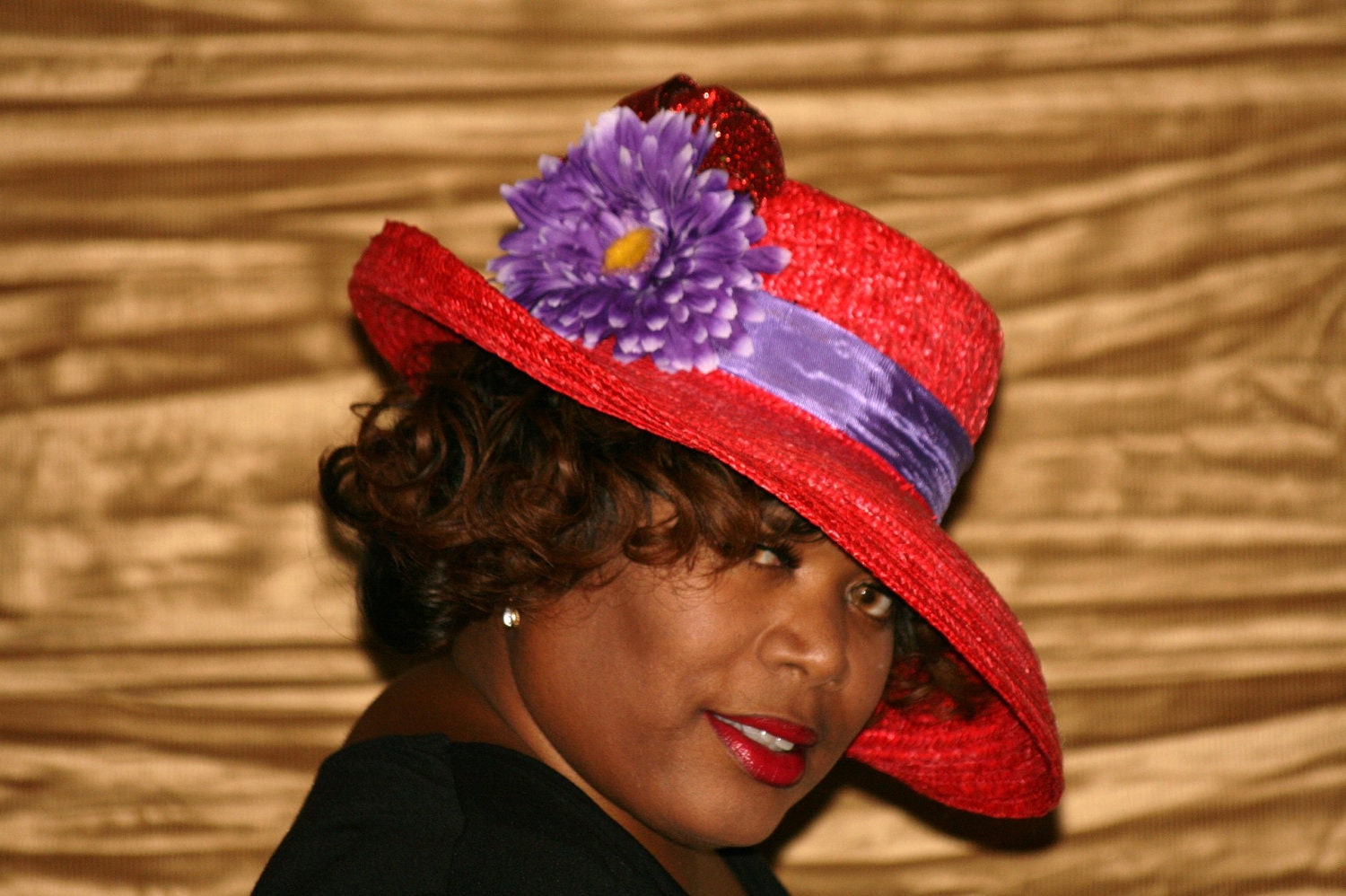 Women's Hats - Red Woven Straw Hat with Purple and Red Flowers and Bows