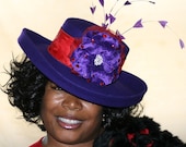 Purple Hat with purple and red flower, purple feathers and vintage gems