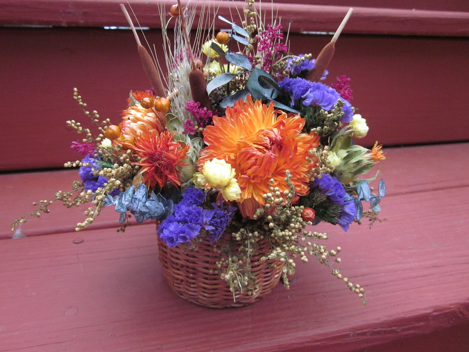 Fall Dried Flowers Mini Wicker Basket Arrangement by NotJustWeeds