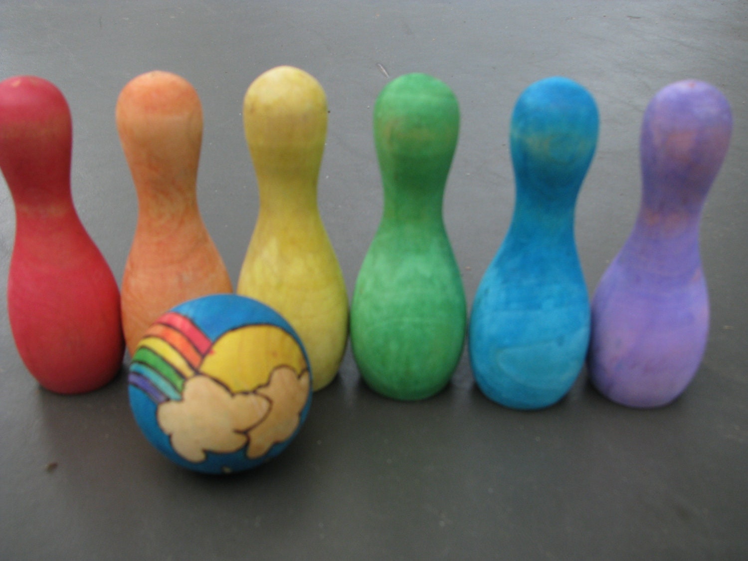 Rainbow Wooden Bowling Set with hand painted travel bag