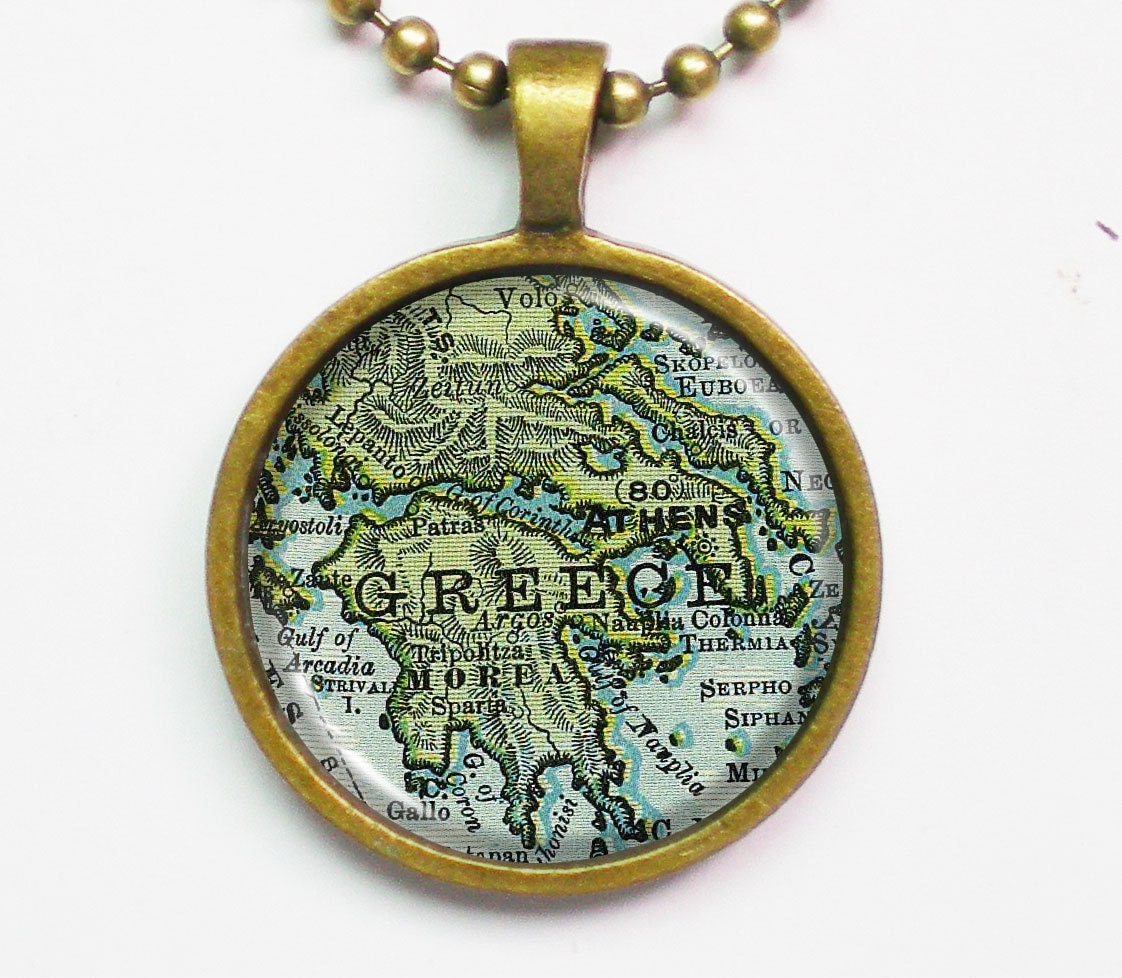 Custom Map Necklace -Greece & Athen- Vintage Map Series