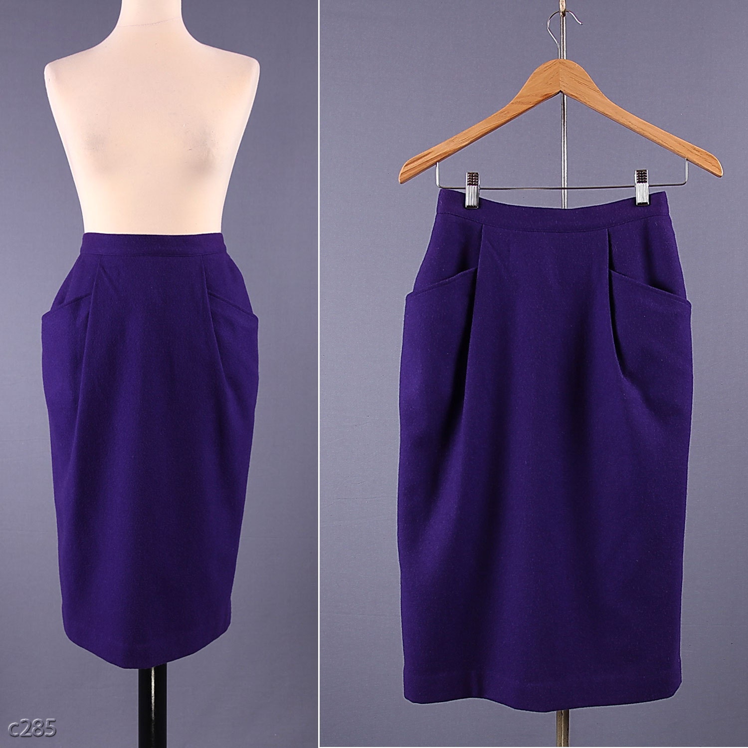Vintage Pencil Skirt / Purple 80s Wool Skirt / size Small