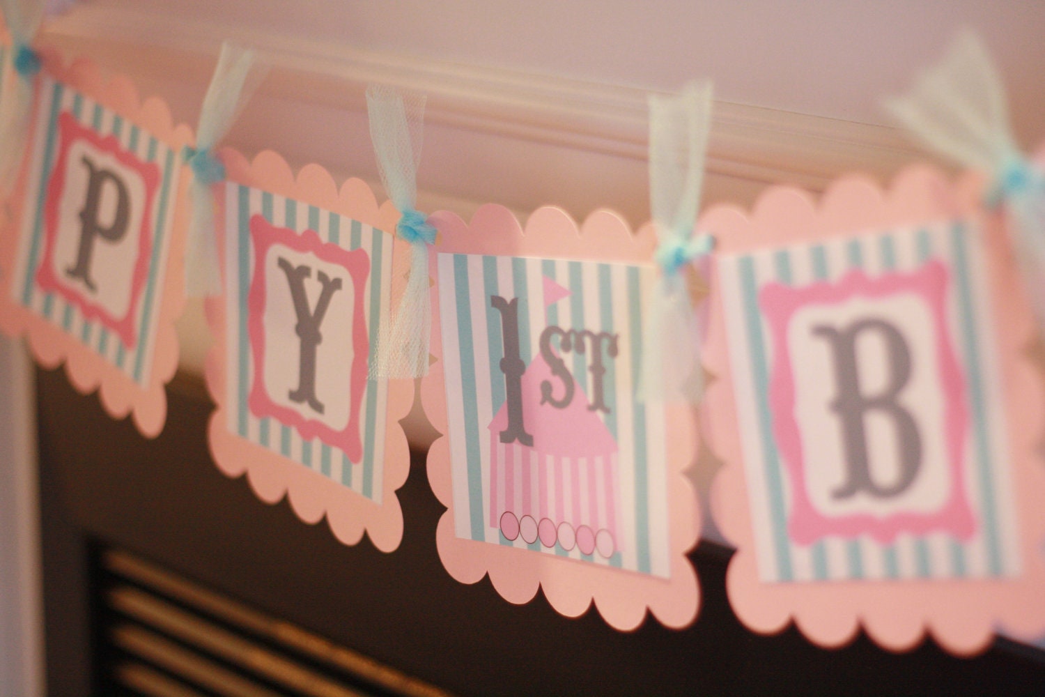Happy Birthday Pink & Turquoise Blue Girl Vintage Circus Theme Banner - Ask about Our Party Pack Special - Free Ship Over 60.00
