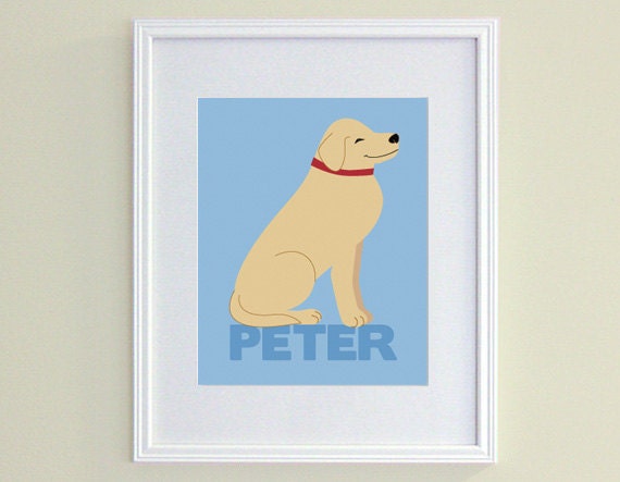 Personalized Dog Nursery Art - Blue Child Name Art - Yellow Lab - Golden Retriever Art