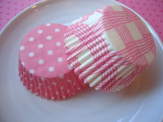 Cupcake Liners - Baking Cups - Pale Pink Plaid and Polka Dot Combo (50)