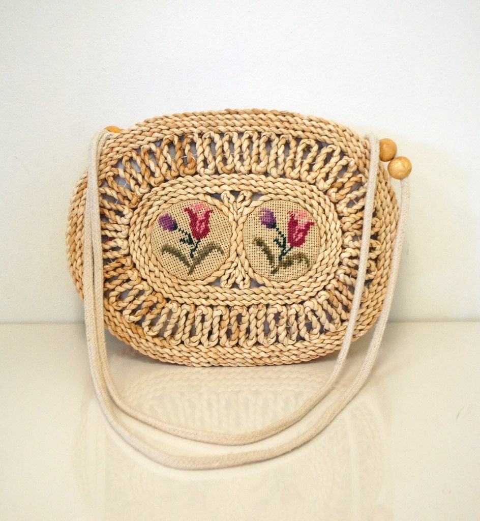 Straw and Cotton - Vintage Woven Straw Needlepoint Purse
