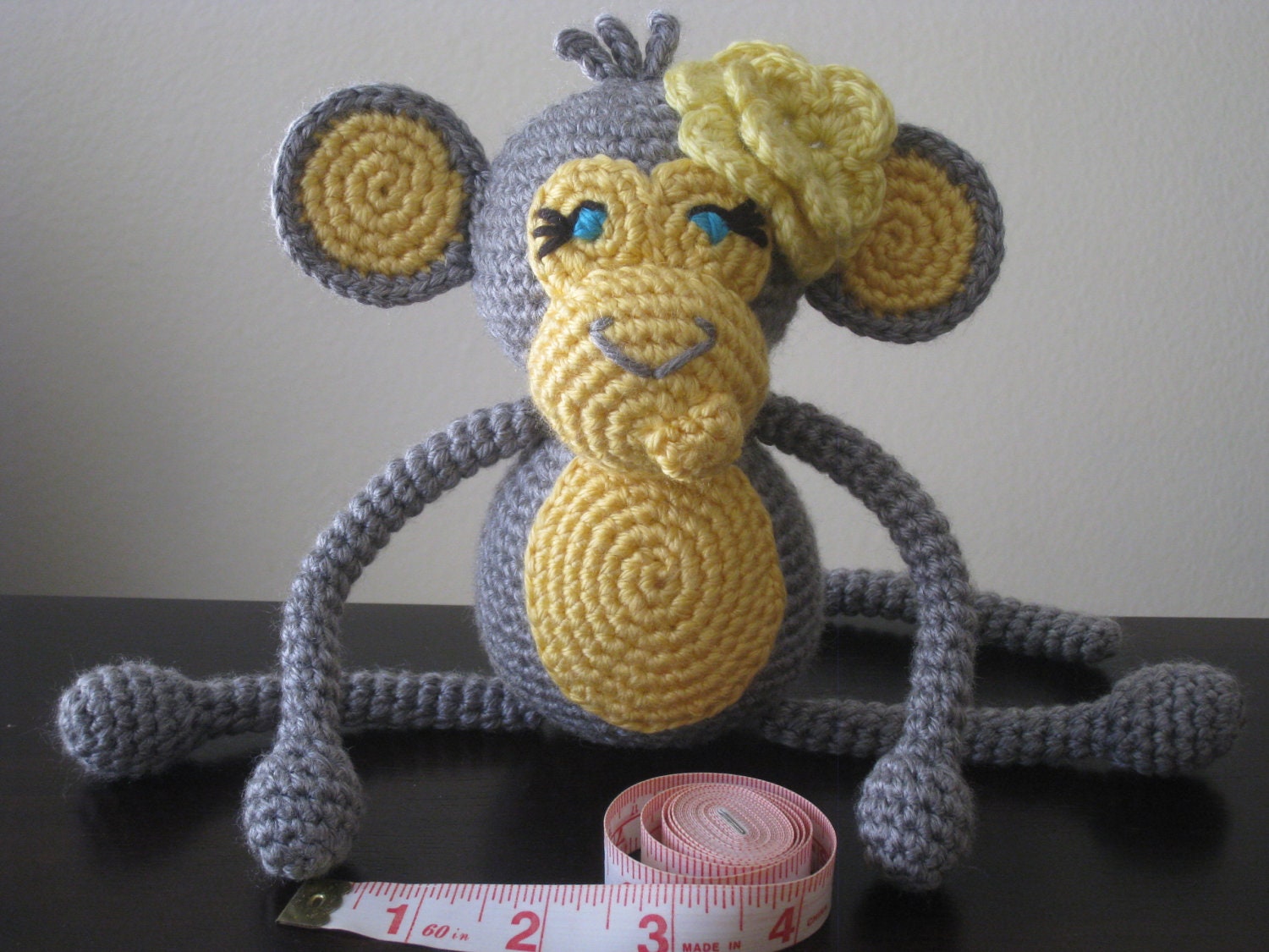 Crochet Baby Monkey, vegan plush toy doll amigurumi grey yellow stuffed animal zoo gift boy or girl MADE TO ORDER