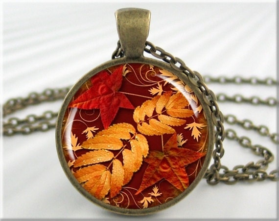 Autumn Necklace Pendant Art Pendant Autumn Jewelry Fall Leaves Necklace Picture Pendant (068RB) - MGArtisanPendants