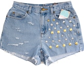Studded Shorts Vintage Distressed High Waisted Blue Denim Hipster Coachella Boho Hippie Aztec Tribal Blue Upcycled Medium W28