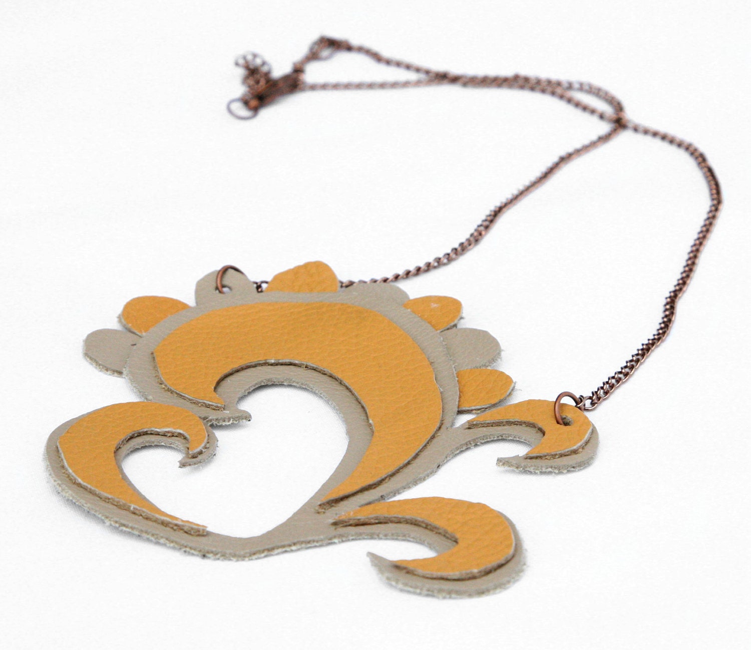 Tan and Gray Leather Swirl Necklace