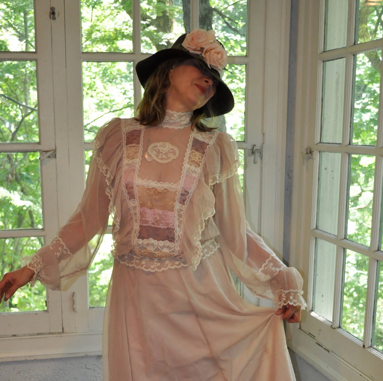 Romantic Edwardian Style Vintage 1970s Sheer Lace Trimmed 2 Piece Dress. Tea Length. Summer Formal Boho Wedding