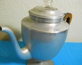 Tea Kettle Percolator Coffee Pot aluminum wood handle glass top 1950s
