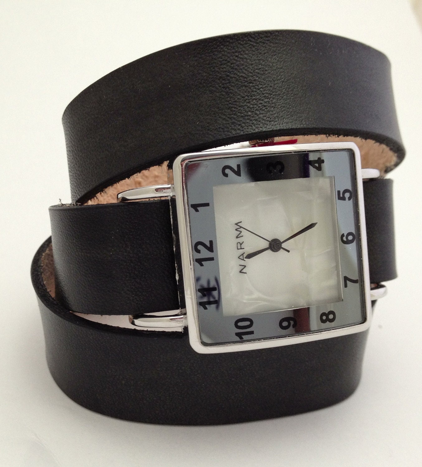 Leather 3-Wrap Square Face Watch in Pearl and Gunmetal with Extra Wide Black Band - Made to Order - Leave your wrist measurement