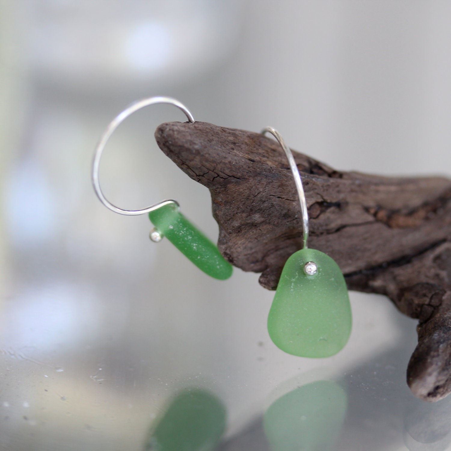 Sea Glass & Sterling Earrings - Emerald Green - FREE SHIPPING