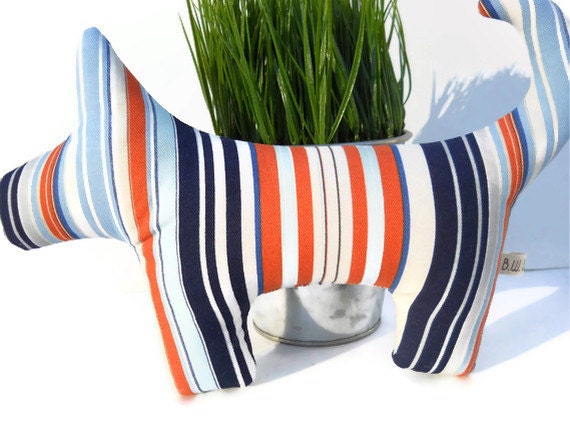 Squeaky plush dog toy..."Get Preppy"...Blue, orange and white preppy stripe...