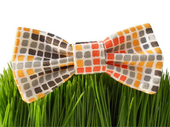 Dog bow tie... Orange,yellow, grey and brown mosaic print...From the "Woofstock" collection....