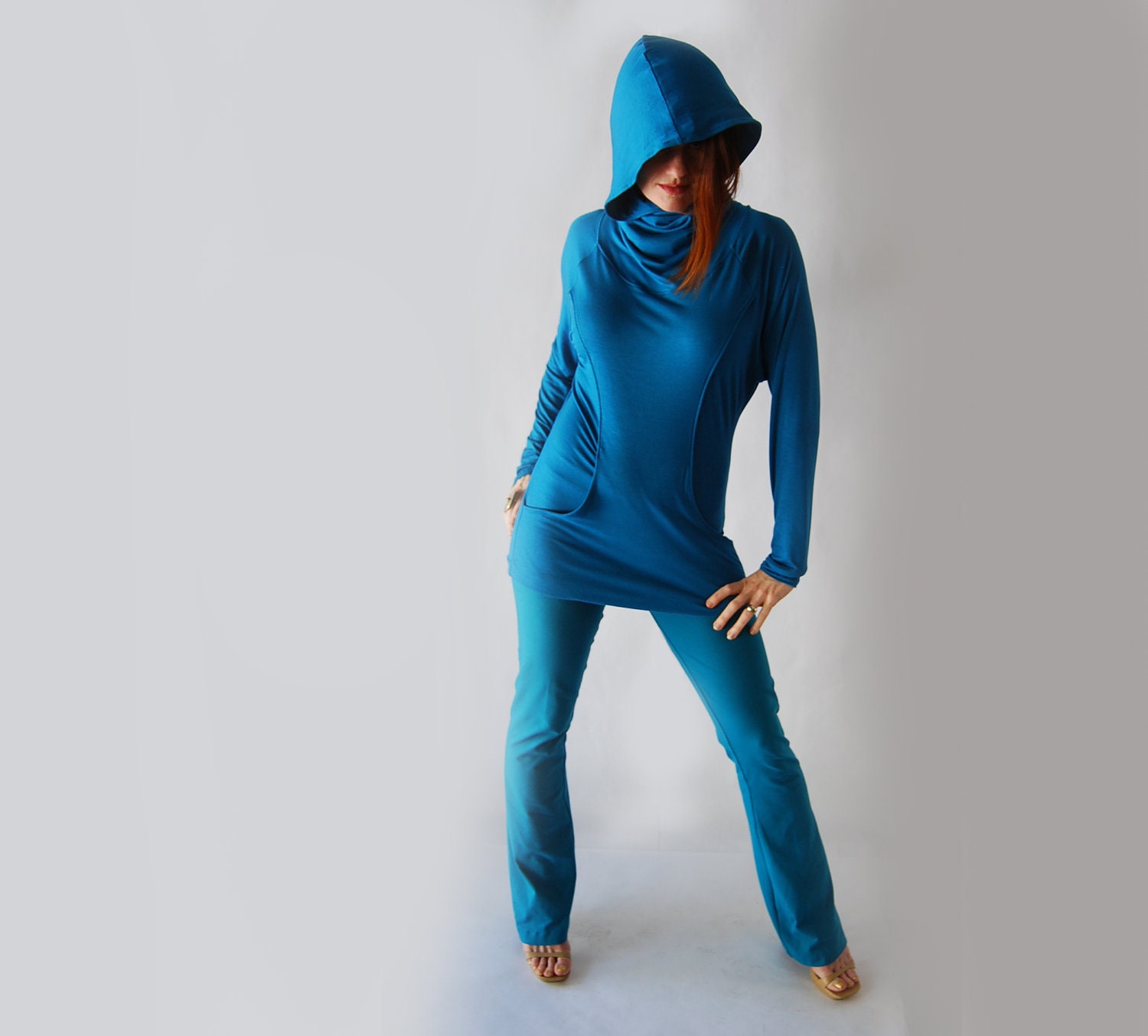 Cowl Neck Hoodie in Peacock Blue Rayon Lycra Jersey