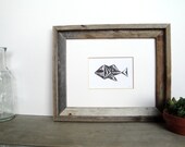 SALE Abstract Tribal Fish Nautical Art Block Print 4 x 6 Home Decor / Black, Red / Hand Pulled Linocut