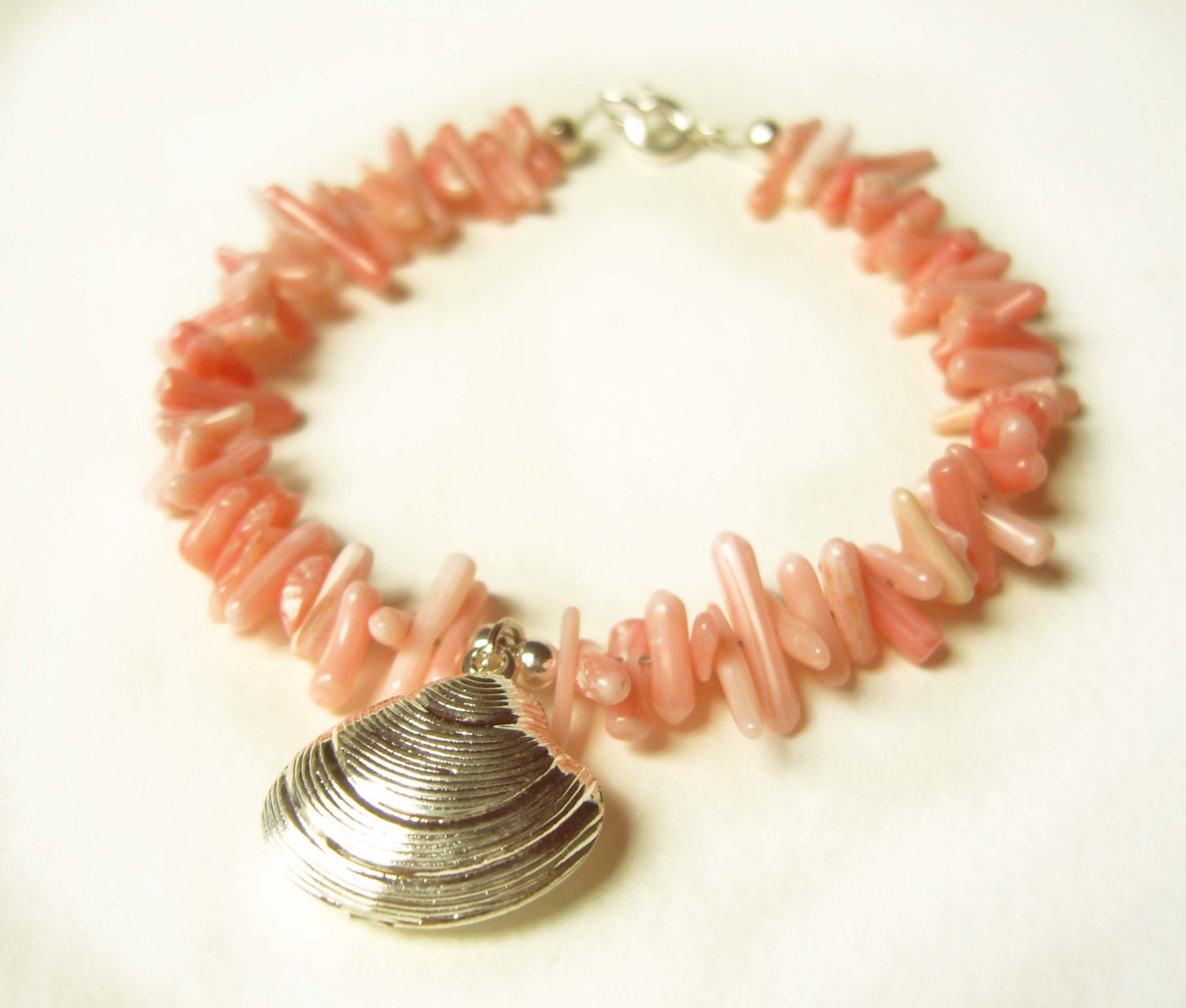 Pink Coral Bracelet, Silver Shell Bracelet, Coral Stick Bead Bracelet, Shell Jewelry UK