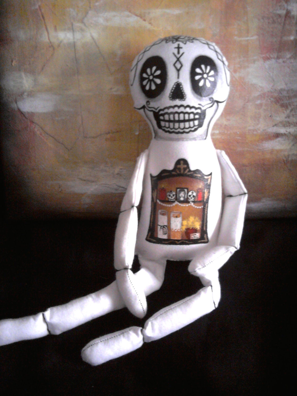 Dia de los muertos raggedy skeleton art doll with memory altar