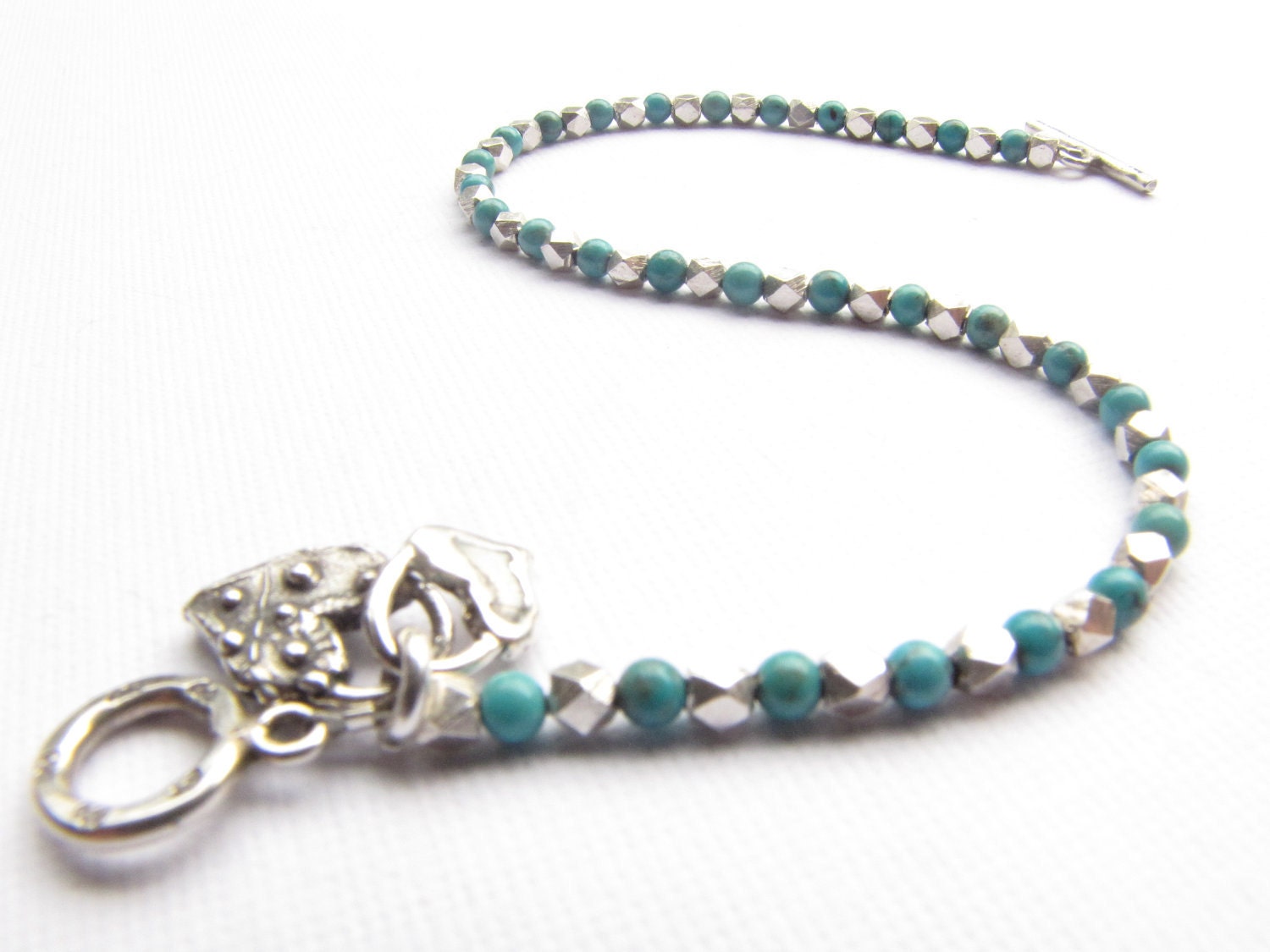 Turquoise and Thai Silver Bracelet -:- Delicate Modern Skinny charms