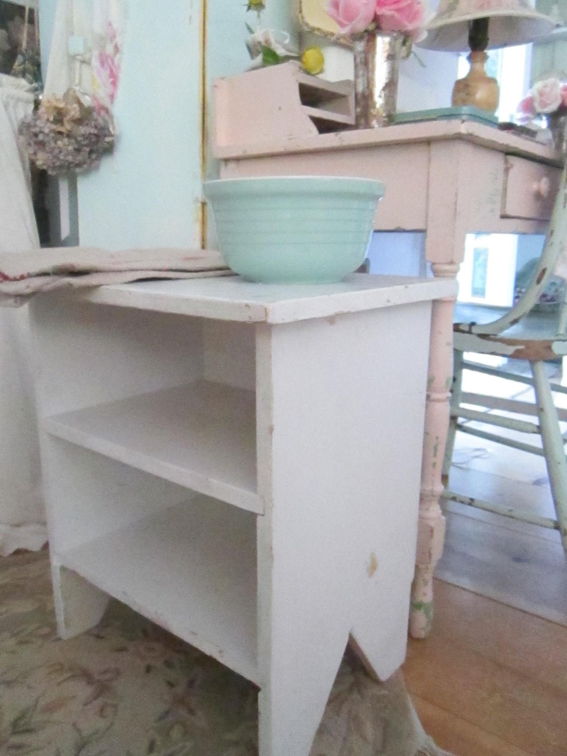SALE Vintage chippy painted white shabby chic farmhouse stool
