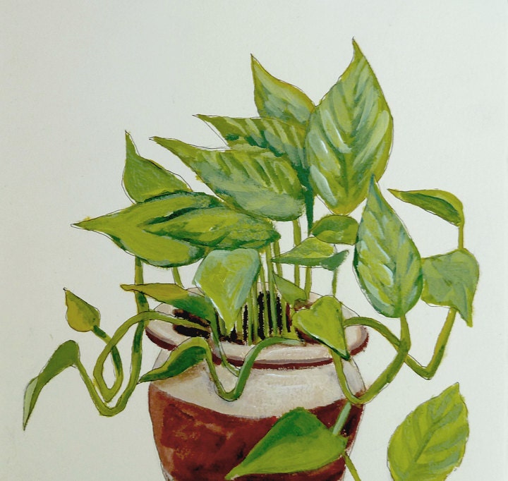 RESERVED Potted Plant Painting - Philodendron - Original Botanical Art on Ivory Cream Paper