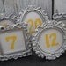 8 Vintage Style TABLE NUMBERS - mini ornate - easel back -Choose the Color - wedding reception sign
