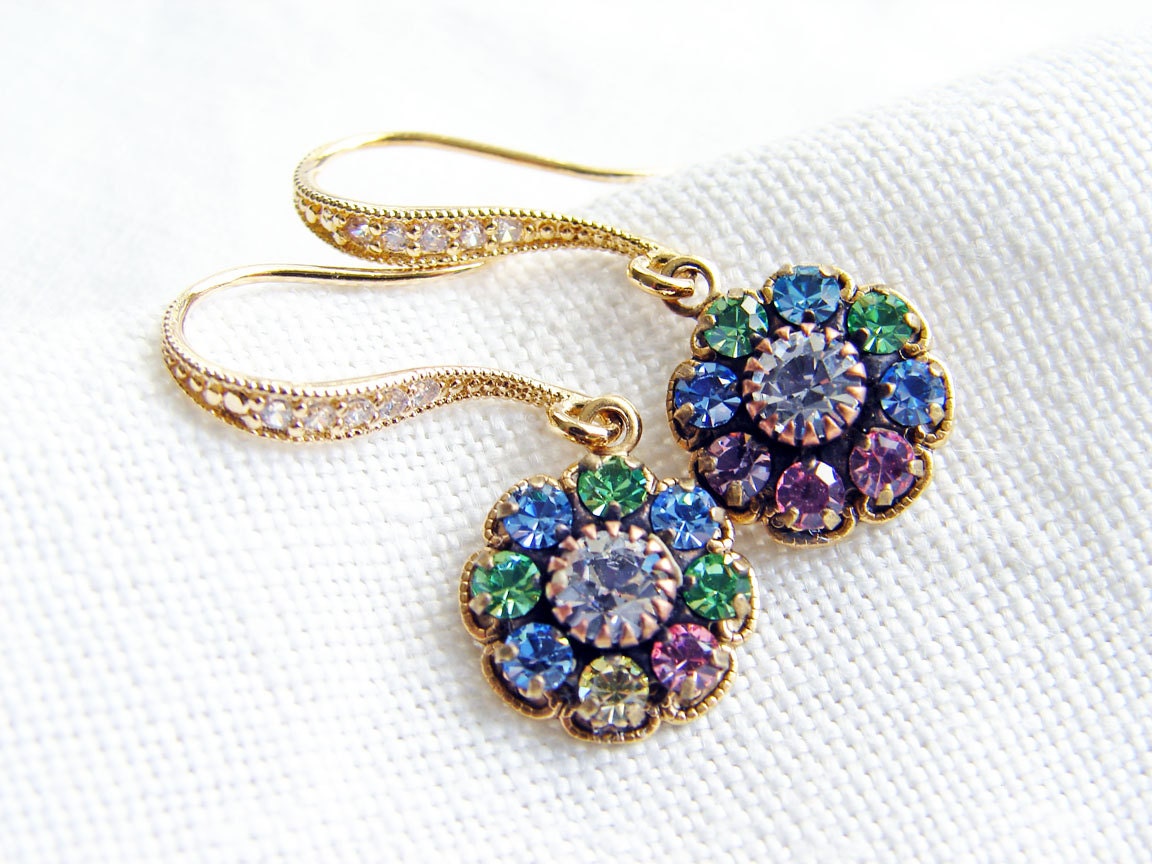 Multi Color Swarovski Flower Earrings with CZ Earwire. Gift for Her. Bridesmaid Gift.