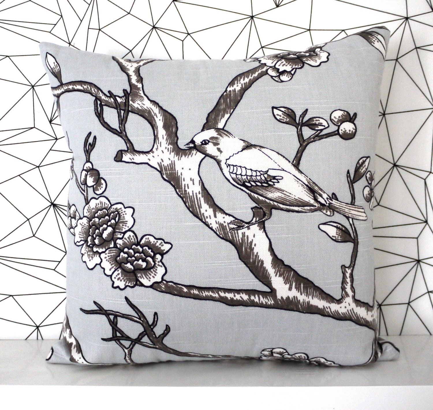 Grey cushion cover gray pillow cover bird cushions bird pillows throw pillow decorative pillow asian pillow asian cushion blossom