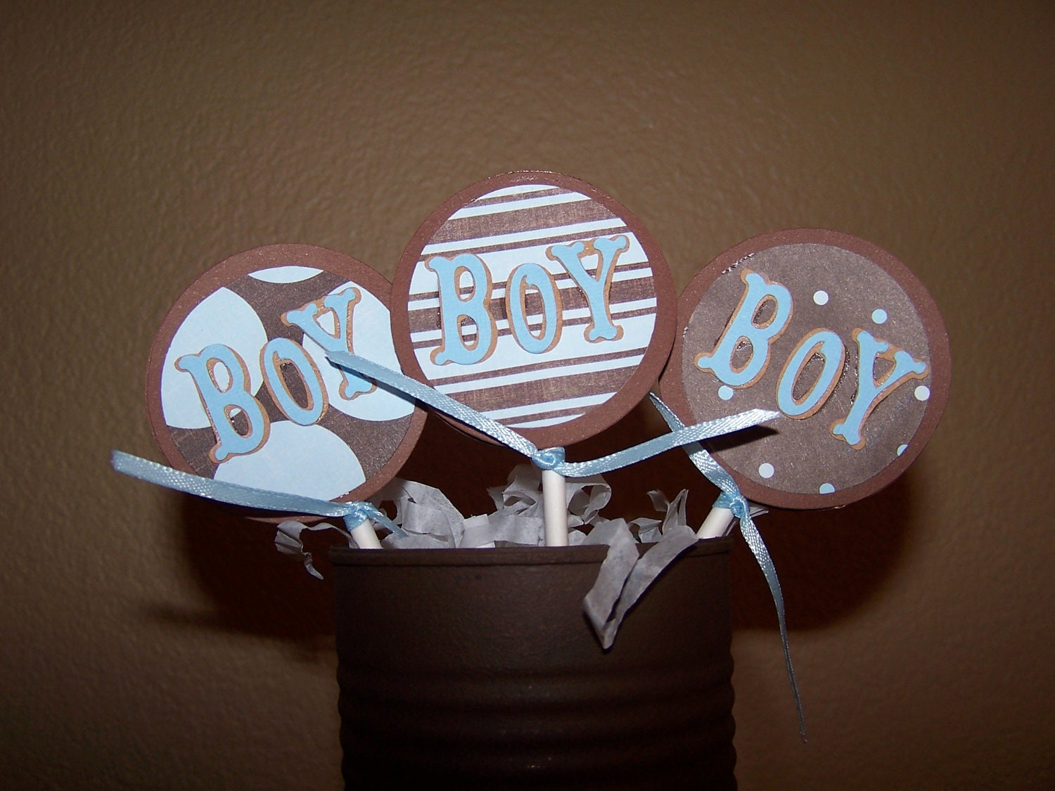 6 Cupcake Picks It's A Boy Baby Shower Blue and Brown Polka Dot Custom Personalized