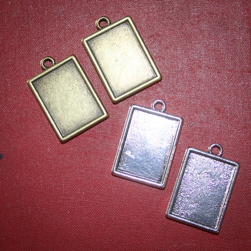 6 Rectangle Double Sided small Pendant charms 15mm x 25mm Photo Memory - Antique Silver or Bronze Lead and Nickel Free