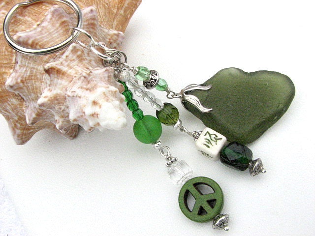 Beaded Beach Glass Keychain, Olive Green Seaglass Keyring Key Chain