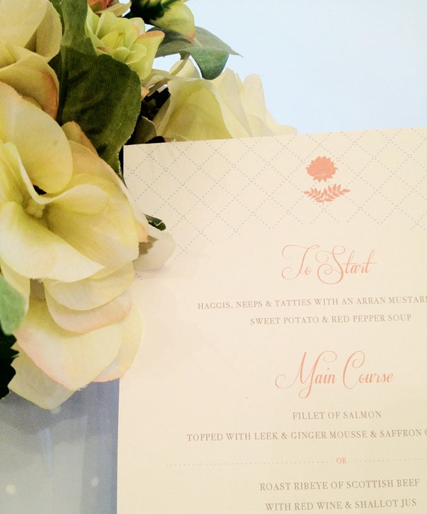 Wedding MENU: Londong (Shabby Chic Blush, Pale Blue and Grey) Wedding Event, Reception or Party Menu DEPOSIT order