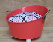 10 DOLLARS OFF - Industrial Style Cat Bed with Soft Pillow and Handmade Legs - Coral Red Metal Tub With Brown White and Gray Pillow
