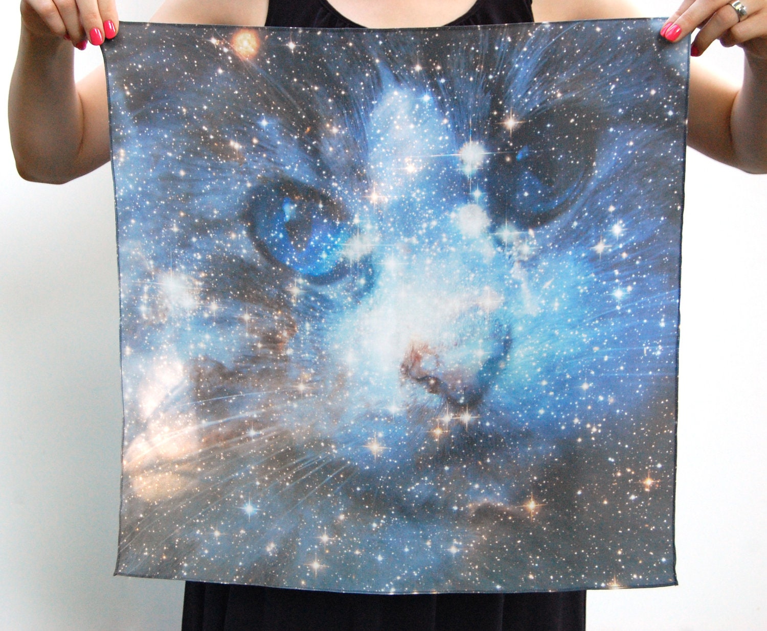 Cat Space Galaxy Nebula Print Silk Square Scarf