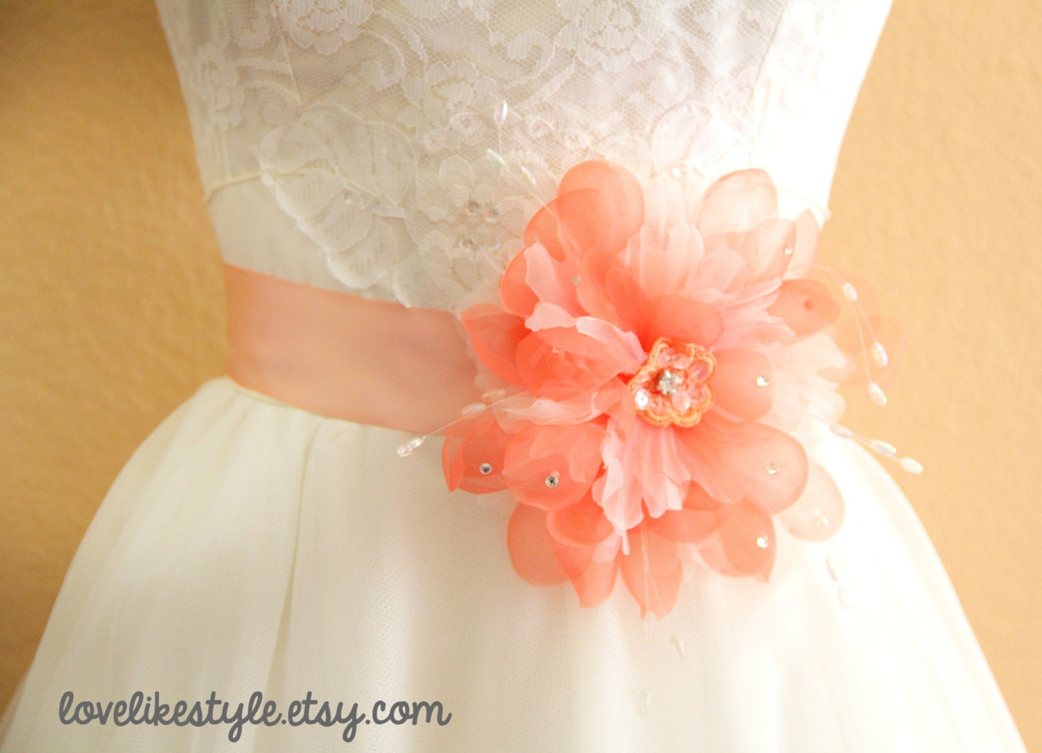 Peach Flower Sash, Bridal Peach Sash, Bridesmaid Peach Sash, Flower Girl Sash