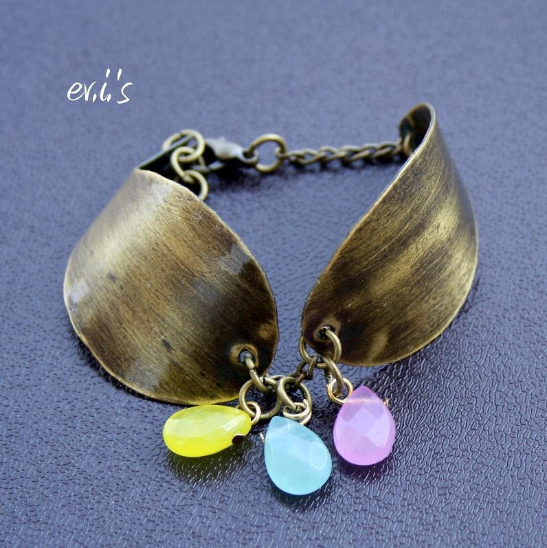 Handcrafted Hand Cut Natural Oxidized Brass Double Paisley Rustic Artisan Metalwork Bracelet with Blue Yellow Lila Jade Beads Gift for Her