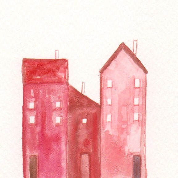 Art Watercolor Painting , Watercolor Little House , Home Decor , Wall decoration , Red  maroon - mallalu