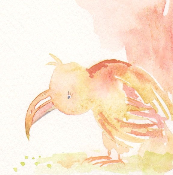 Sale - Buy 2 Get 1 Free Children Art Original Painting Watercolor 4x4 Illustration Bird Toucan Decor Spring Nursey Kids Wall Orange Pink