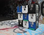 Blue, Black, and White floppy disk bag for the eco-chic geek