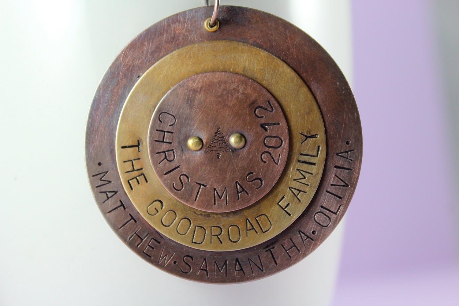 Personalized Family Christmas Ornament, Hand Stamped Copper and Brass