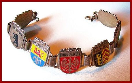 Vintage German Bracelet 1940s-50s Colorful Shields Enamel Painted Silver Link Style 7.5" EX