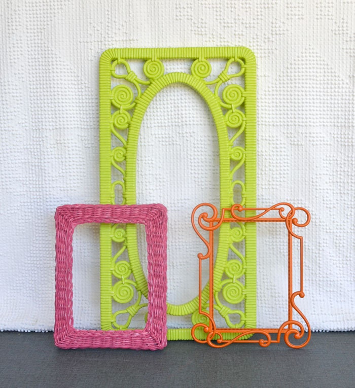Bright Pink Lime Green Orange Funky Frames Set of 3 - Upcycled painted frame collection.. great for Gallery Wall